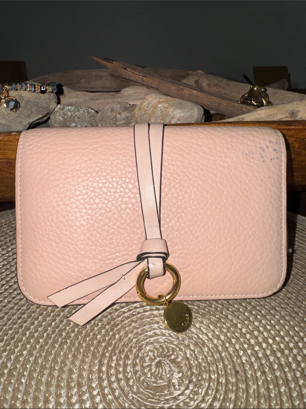 Chloe Blush Pink Pebbled Leather Crossbody with Gold Ring Charm